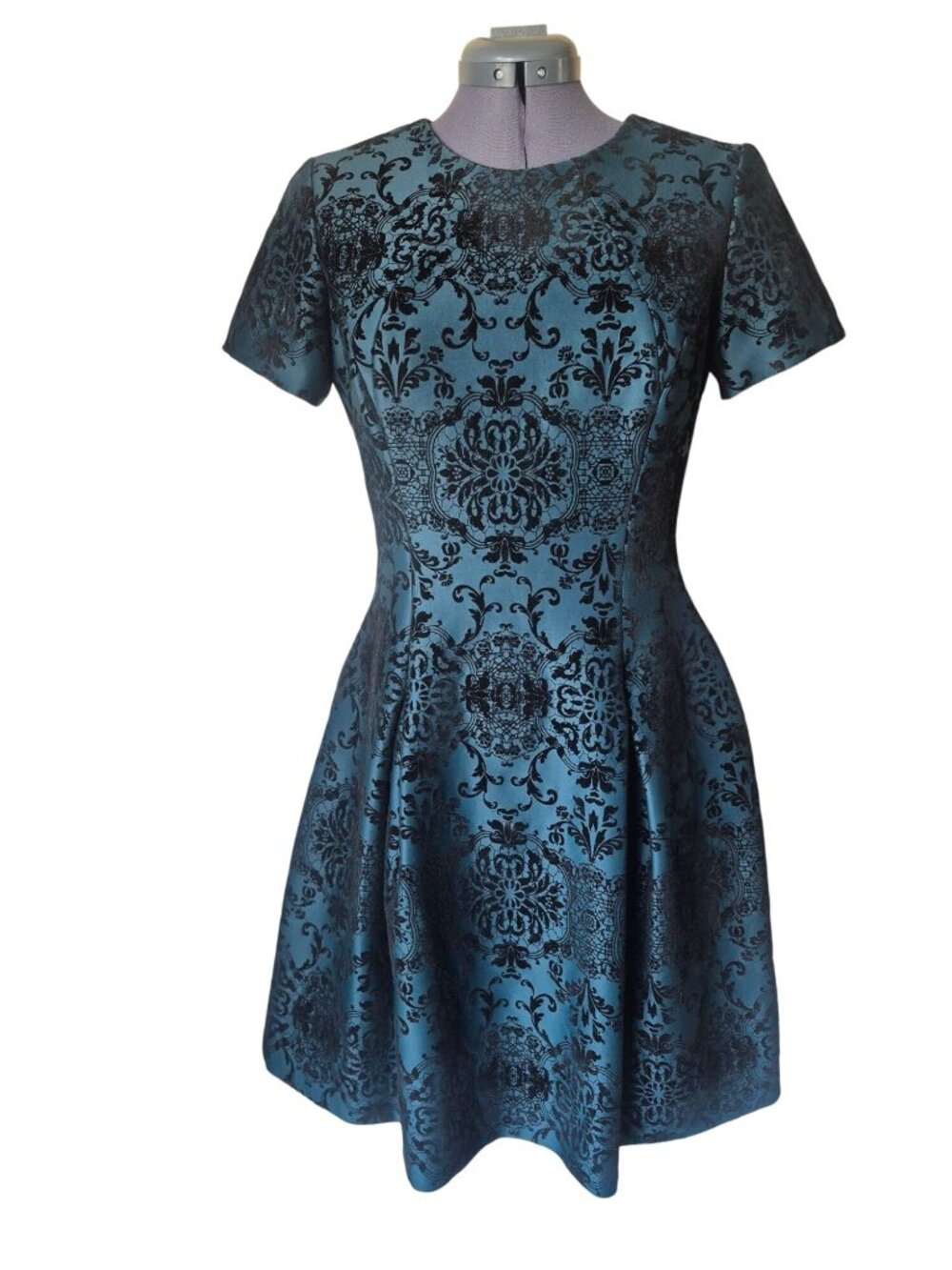 Vince Camuto Teal & Black Brocade Fit & Flare Dress Size 8